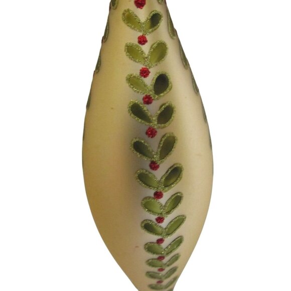 Gold Teardrop Christmas Ornament Bauble - Green & Red Leaf Design - Vintage - Picture 2 of 5